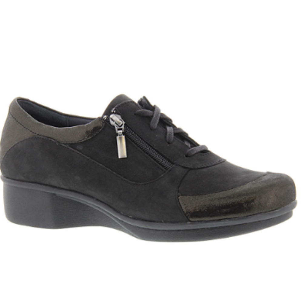 Dansko Loretta Black Nubuck Leather/Metallic Lace up Zip Wedge Sneakers, 39